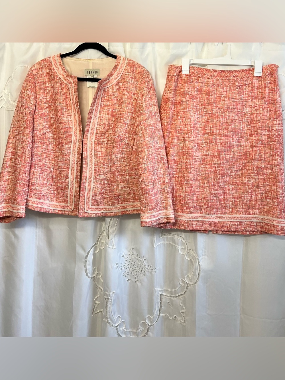 Louis Feraud Tweed Skirt Suit FR 46 US 14 XL Pink Coral Silk Lined 2 Piece - Picture 4 of 16